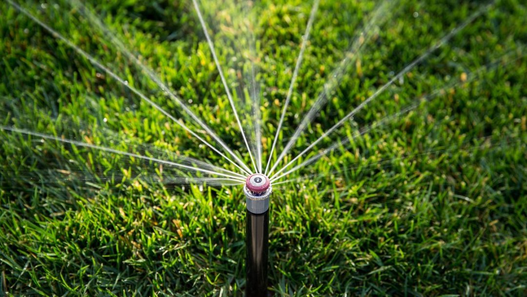 Versenkregner bewässert einen Rasen – Gartenbewässerung selbst planen