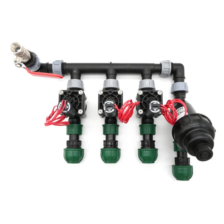 Ventilverteiler mit 3 Hunter Ventilen, mit Filter und Entlüftung, Anschluss 1 x 32 mm / 3 x 25 mm