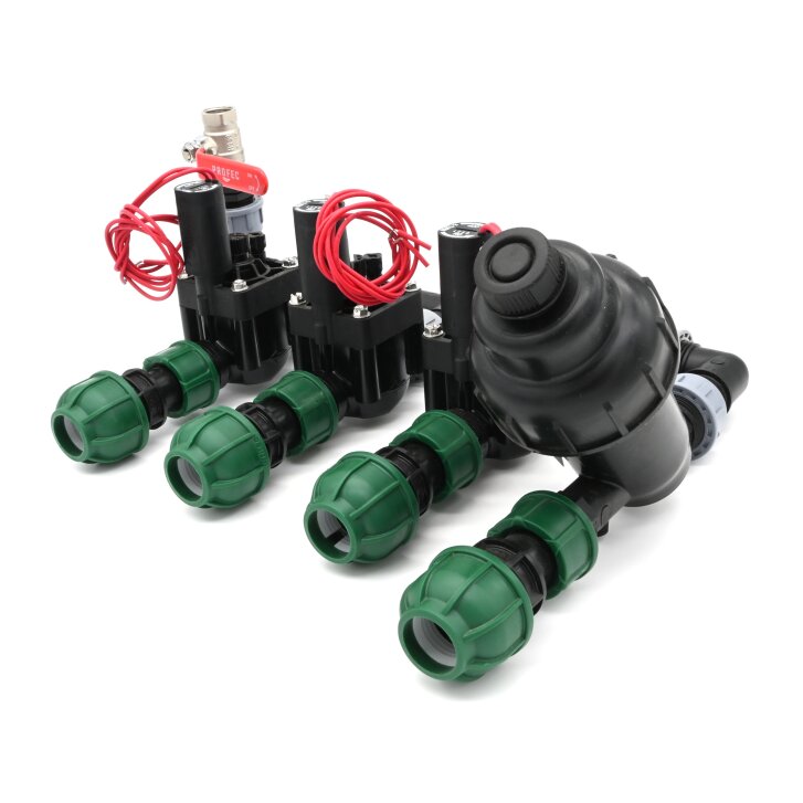 Ventilverteiler mit 3 Hunter Ventilen, mit Filter und Entlüftung, Anschluss 4 x 32 mm