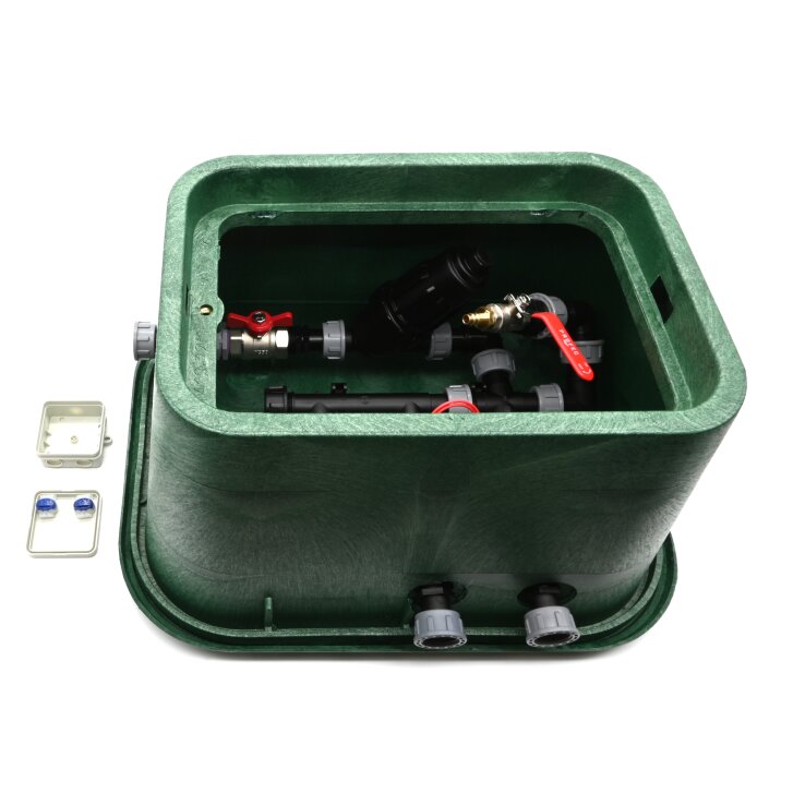 Montierte Standard Ventilbox mit 2 Hunter Ventilen, Filter, Kugelhahn und Entlüftung ohne Anschlüsse