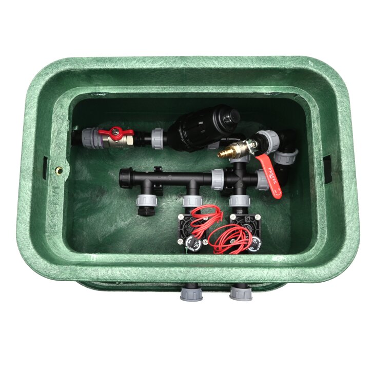 Montierte Standard Ventilbox mit 2 Hunter Ventilen, Filter, Kugelhahn und Entlüftung ohne Anschlüsse