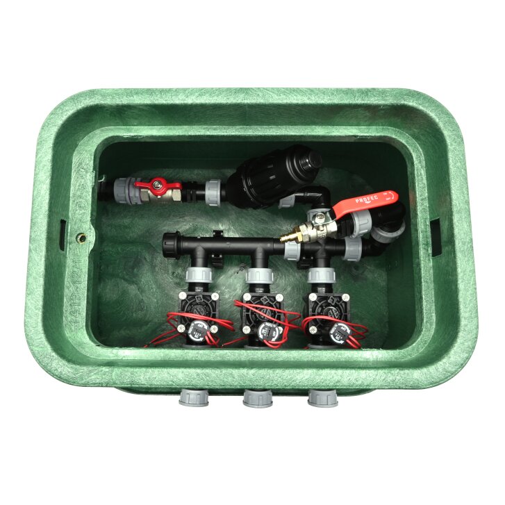 Montierte Standard Ventilbox mit 3 Hunter Ventilen, Filter, Kugelhahn und Entlüftung 25 mm