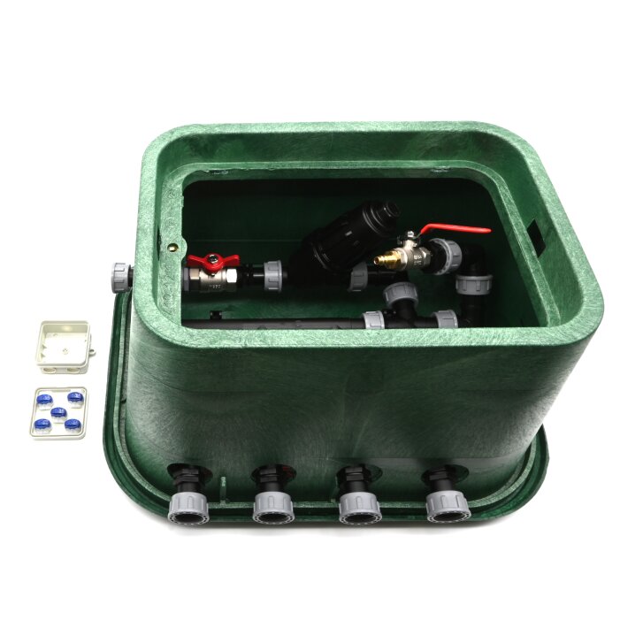 Montierte Standard Ventilbox mit 4 Hunter Ventilen, Filter, Kugelhahn und Entlüftung 25 mm