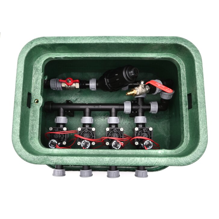 Montierte Standard Ventilbox mit 4 Hunter Ventilen, Filter, Kugelhahn und Entlüftung 25 mm