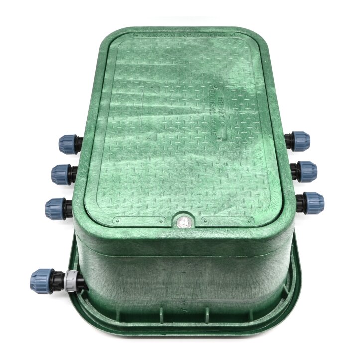 Montierte Jumbo Ventilbox mit 6 Hunter Ventilen, Filter, Kugelhahn und Entlüftung - Anschlüsse 25 mm