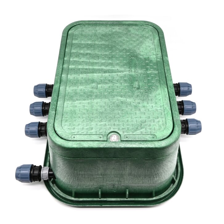 Montierte Jumbo Ventilbox mit 6 Hunter Ventilen, Filter, Kugelhahn und Entlüftung - Anschlüsse 32 mm