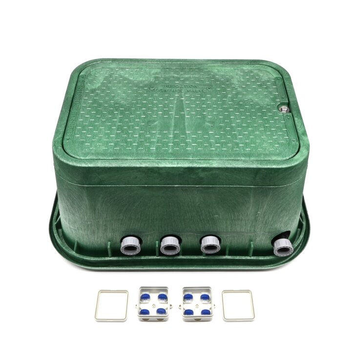 Montierte Jumbo Ventilbox mit 6 Hunter Ventilen, Filter, Kugelhahn und Entlüftung - Anschlüsse 32 mm