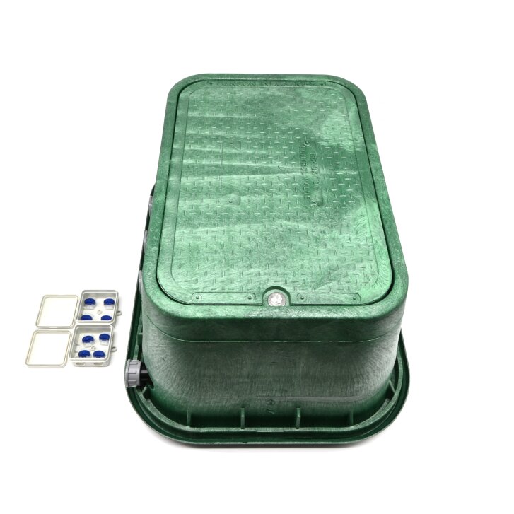 Montierte Jumbo Ventilbox mit 6 Hunter Ventilen, Filter, Kugelhahn und Entlüftung - Anschlüsse 32 mm
