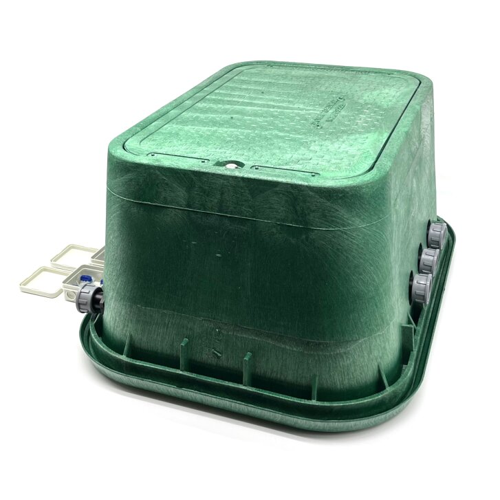 Montierte Jumbo Ventilbox mit 6 Hunter Ventilen, Filter, Kugelhahn und Entlüftung - Anschlüsse 32 mm