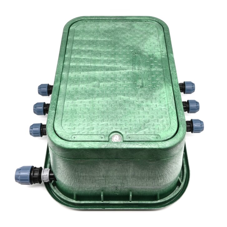 Montierte Jumbo Ventilbox mit 6 Hunter Ventilen, Filter, Kugelhahn und Entlüftung - Eingang 32 mm / Ausgänge 25 mm