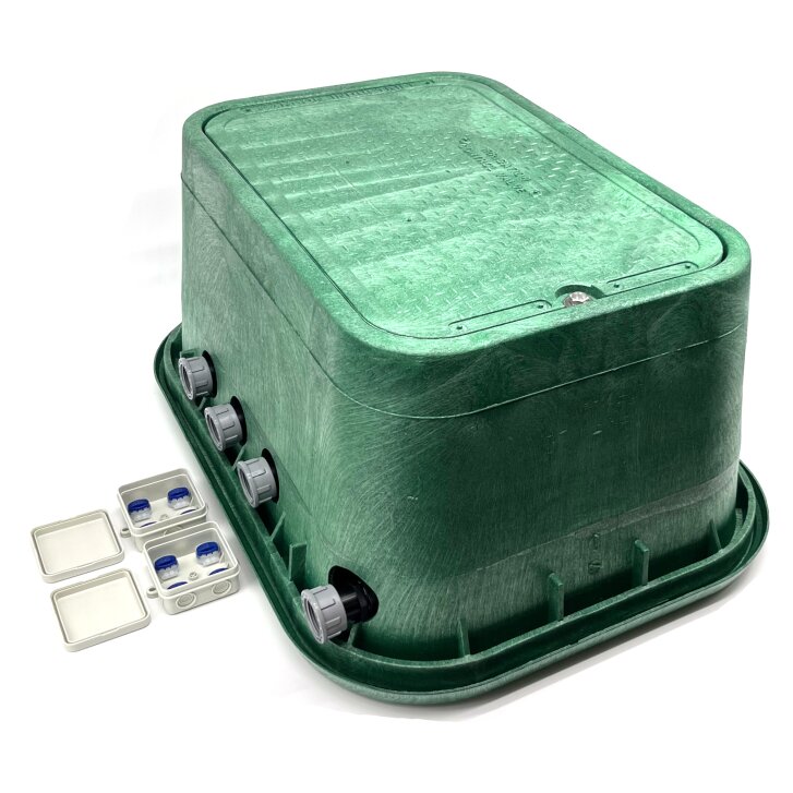 Montierte Jumbo Ventilbox mit 6 Hunter Ventilen, Filter, Kugelhahn und Entlüftung - ohne Anschlüsse