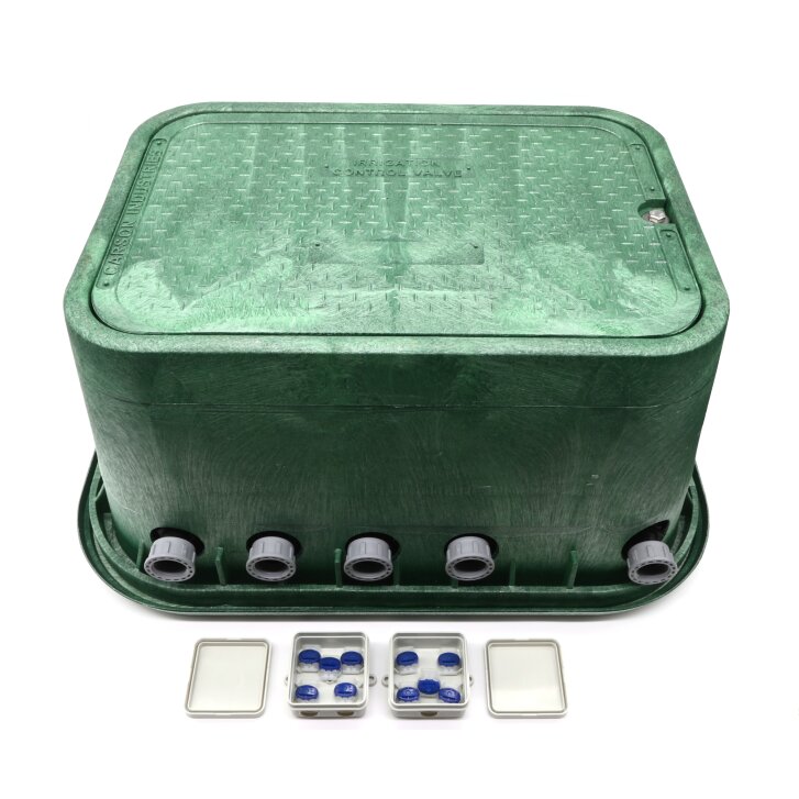 Montierte Jumbo Ventilbox mit 8 Hunter Ventilen, Filter, Kugelhahn und Entlüftung - ohne Anschlüsse