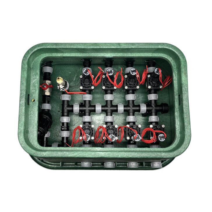 Montierte Jumbo Ventilbox mit 8 Hunter Ventilen, Filter, Kugelhahn und Entlüftung - ohne Anschlüsse